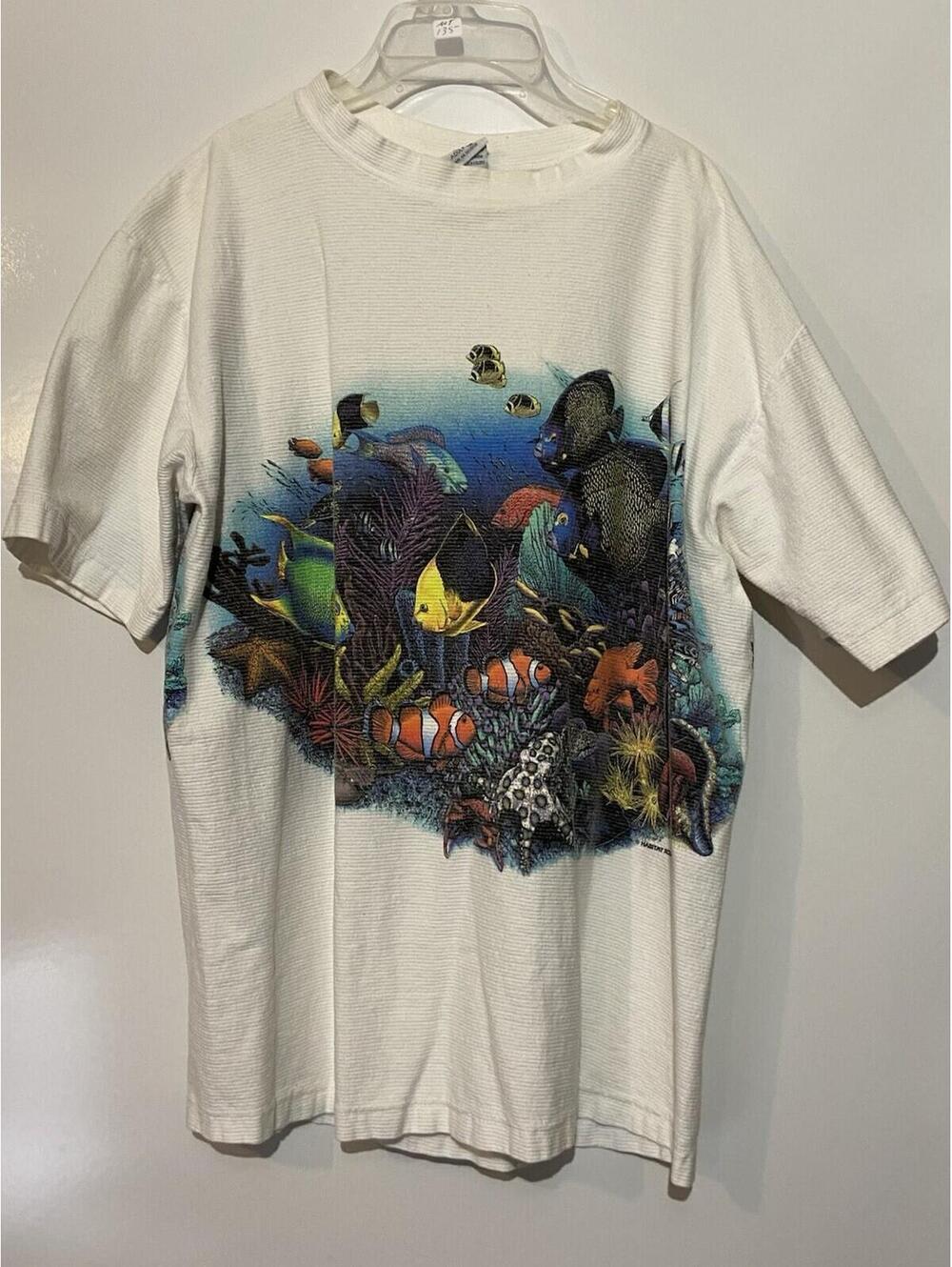 Mens CAL CRU Vintage 1993 Habitat Coral Reef Aquatic All Over Print Shirt Sz L